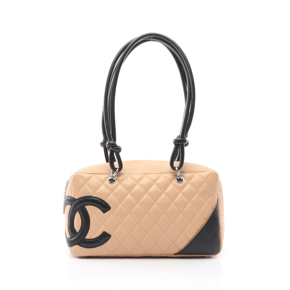 Chanel Cambon Bowling Bag Shoulder Leather Beige Black